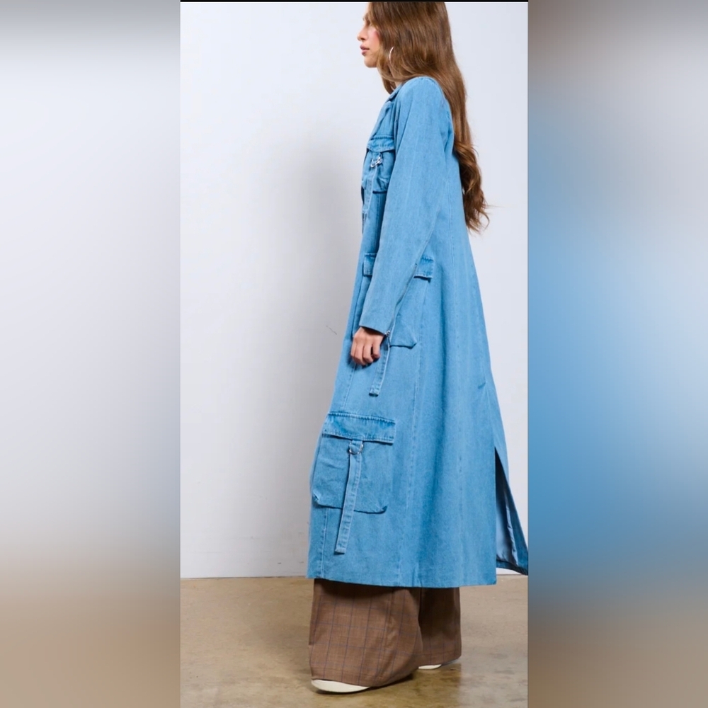 Women's Blue Denim Long Coat - Picture 3 of 5